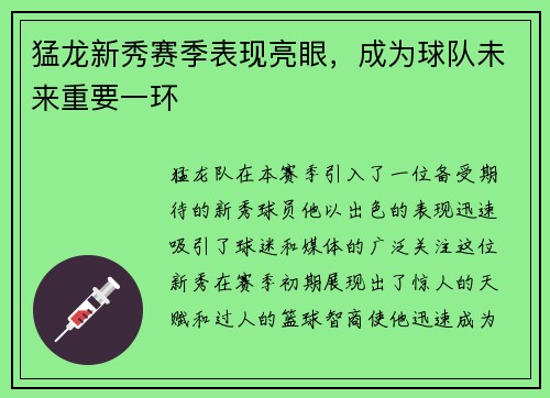 猛龙新秀赛季表现亮眼，成为球队未来重要一环