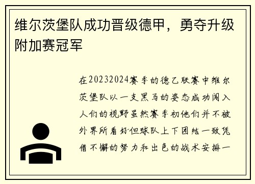 维尔茨堡队成功晋级德甲，勇夺升级附加赛冠军